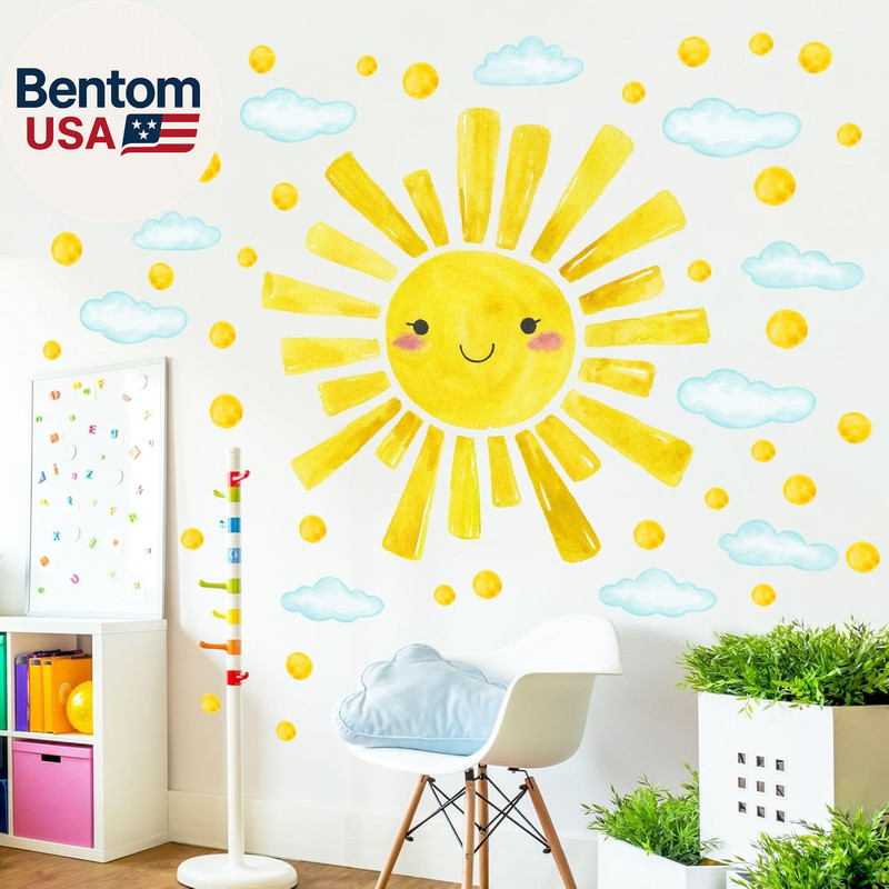 Watercolor Large Sun Wall Decals Cloud Polka Dots Wall Stickers for Kids Room, 1